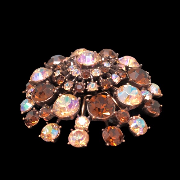 VINTAGE JOAN RIVERS AMBER & AURORA BOREALIS PINK DOME CRYSTAL BROOCH - Picture 12 of 16